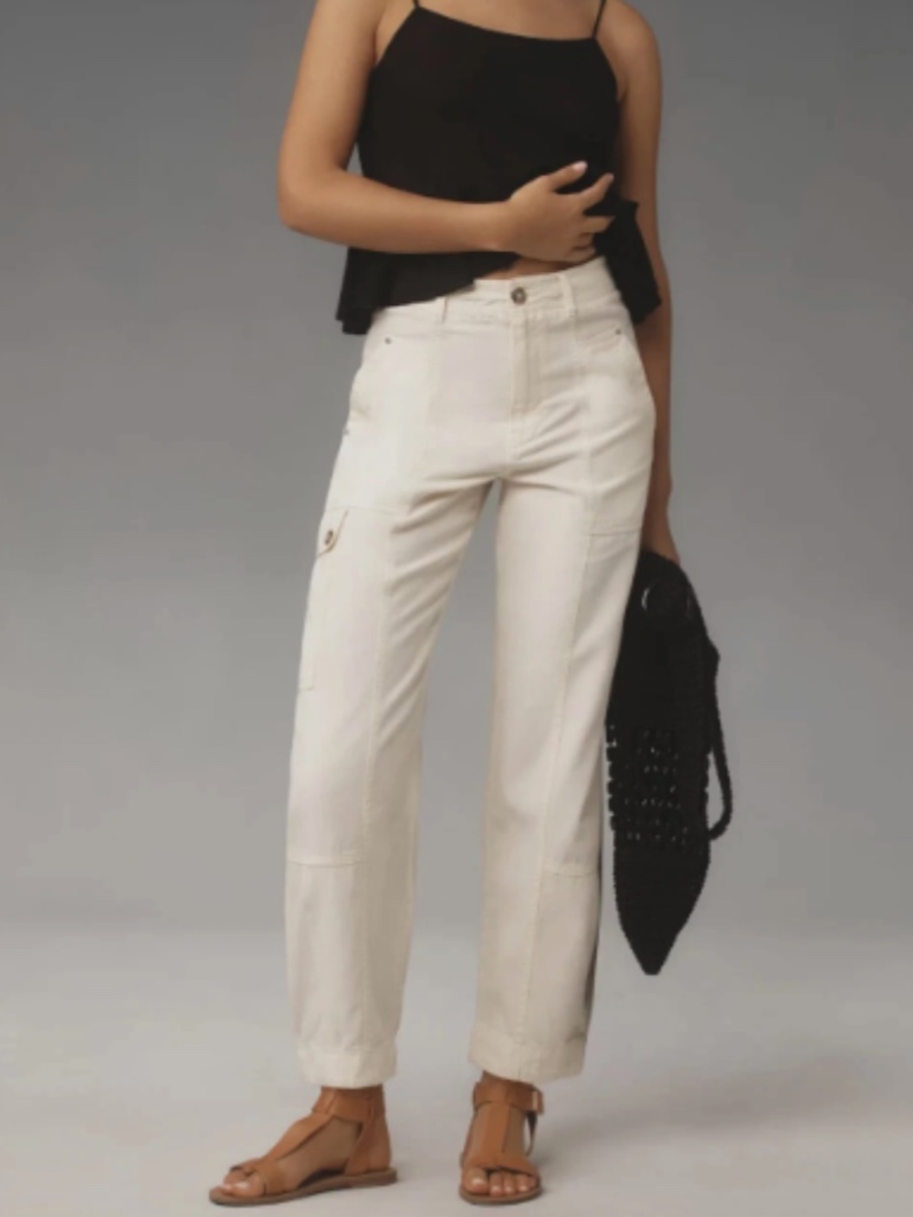 Anthropologie Cream Wide Leg The Carson Lagenlook Utility Barrel Pants Size 12